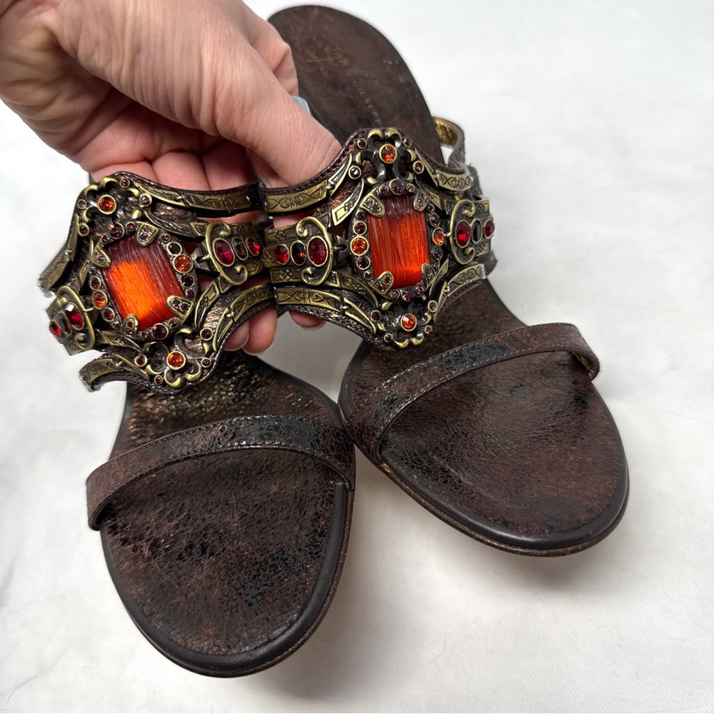 NEW Giuseppe Zanotti Vicini Vintage Y2K Leather Jeweled Mule Sandal Heel Bronze - Picture 3 of 13